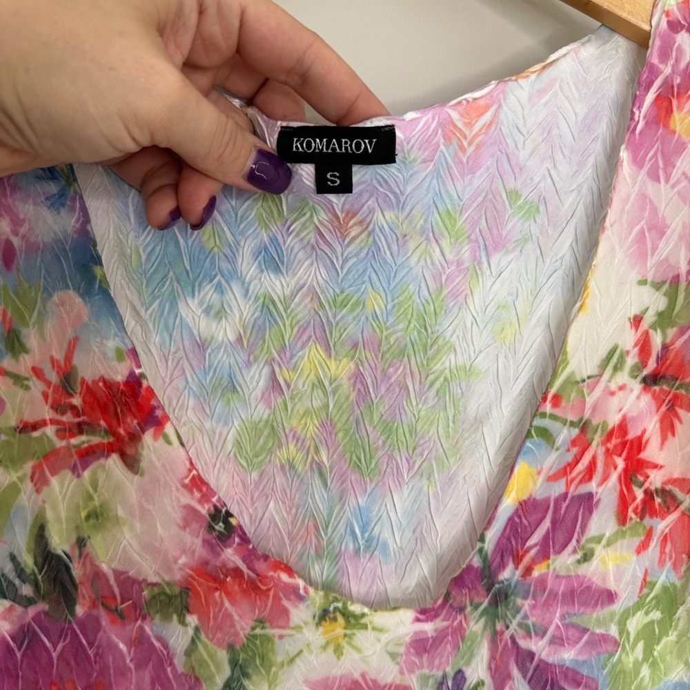 Komarov Floral Dress Watercolor Crinkle‎ Print Sleeveless Tiered Midi Women's S - Picture 3 of 10